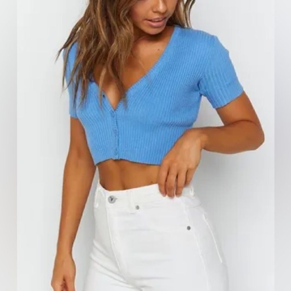 Beginning Boutique Blue Rumi Knit Button Down Cropped Button Down Cardigan (10)